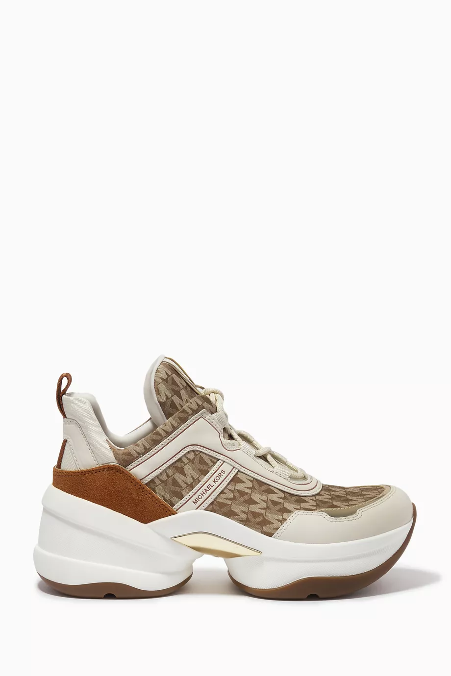 Shop Michael Kors Brown Olympia Trainers in Jacquard, Leather & Suede for  WOMEN | Ounass Saudi Arabia