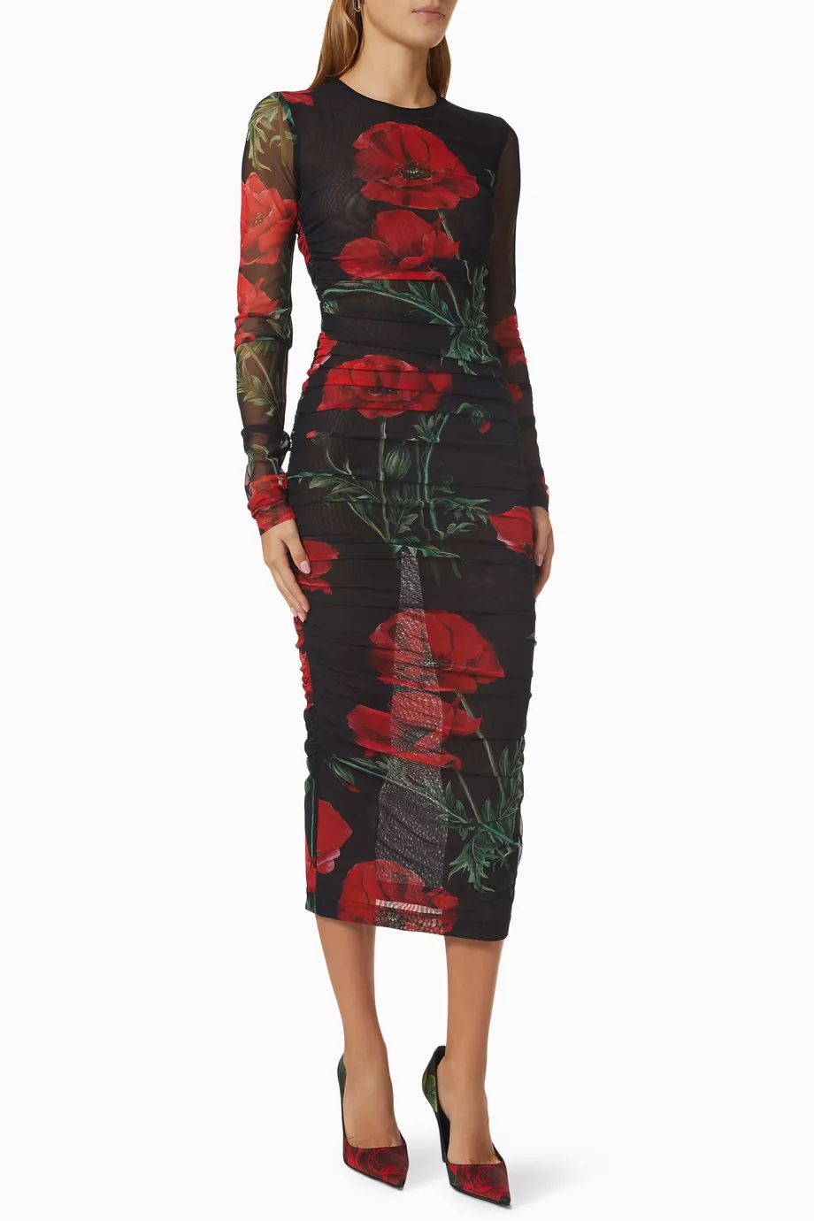 Shop Dolce & Gabbana Red Rose-print Poppy Midi Dress in Tulle for WOMEN |  Ounass UAE